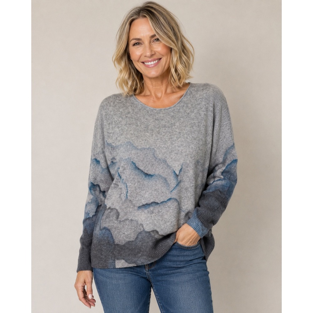 360 Cashmere Sweater 100% Cashmere Pullover Grey Cloud Print Womens Medium?